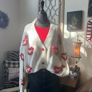 Pink Lily Cream and Red Cardigan Sweater